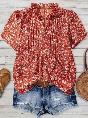 Rust Floral Pintuck Short Sleeve Blouse - Women's Rust Floral Top